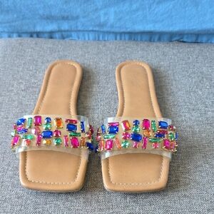Thalia Sodi Tan and Blue Sandals with Crystal Embellishments